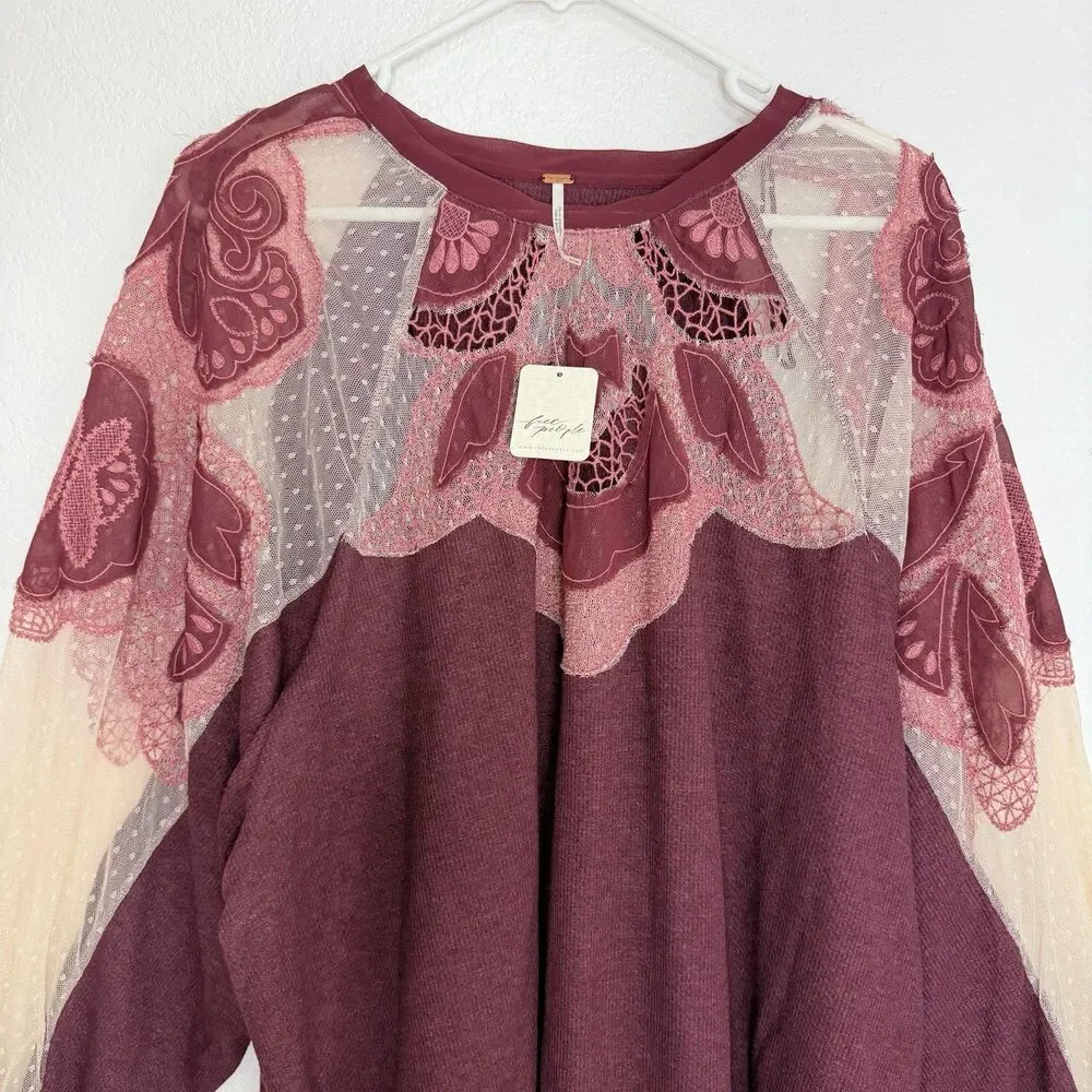 Free People Toni Tunic Top MEDIUM Mulberry Burgundy Embroidered Lace Waffle Boho